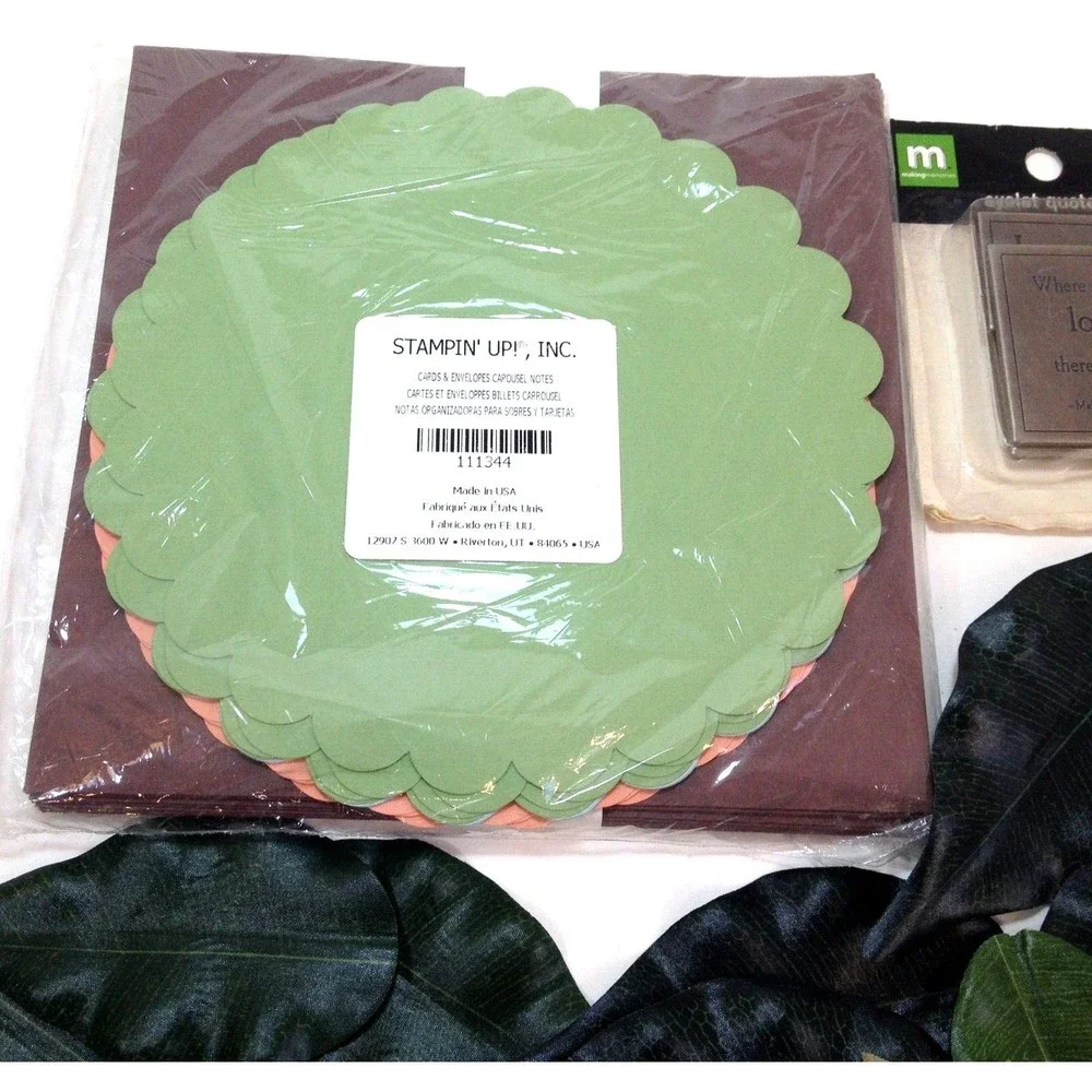 Stampin Up Carousel Note Cards & Envelopes, Details Eyelet Quotes & Silk Leaves